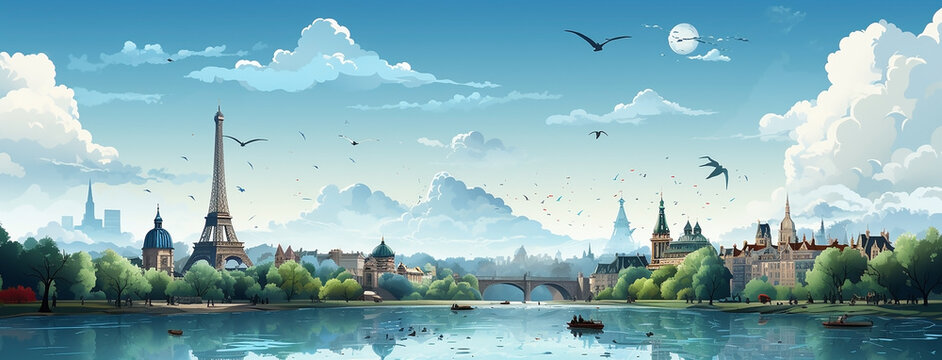 World travel destinations banner digital painting with different landmarks on  one banner for tourism promotions.