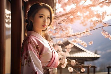 Asian beauty in traditional kimono amid cherry blossoms, blending culture and nature in a vibrant garden.