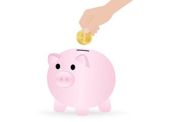 Hand Putting Coin into Piggy Bank.  Growing Money, Saving and Investment Concept. Vector Illustration.