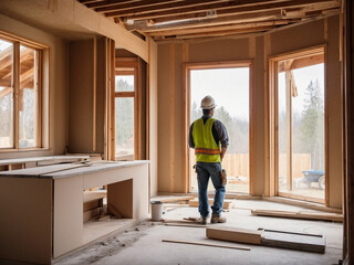 Fototapeta premium Worker in hard hat and blue overalls is standing on the windowsill and working