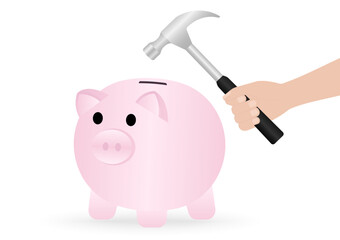 Hand Holding Hammer to Break Piggy Bank. Growing Money, Saving and Investment Concept. Vector Illustration.
