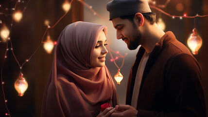 muslim couple with christmas lights in the background, valentine concept - obrazy, fototapety, plakaty