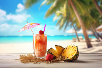 Tasty cocktail with pineapple and strawberry on the beach shore with palm trees on the background