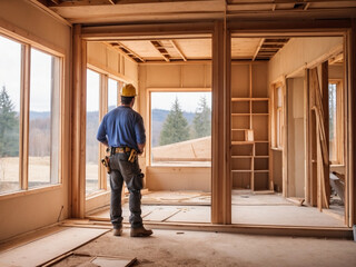 Worker in hard hat and blue overalls is standing on the windowsill and working