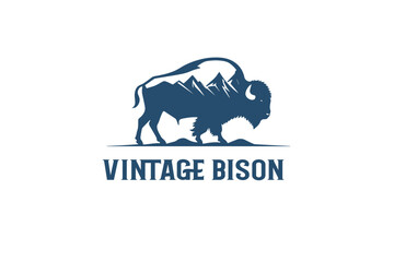 vintage bison logo design with mountain 