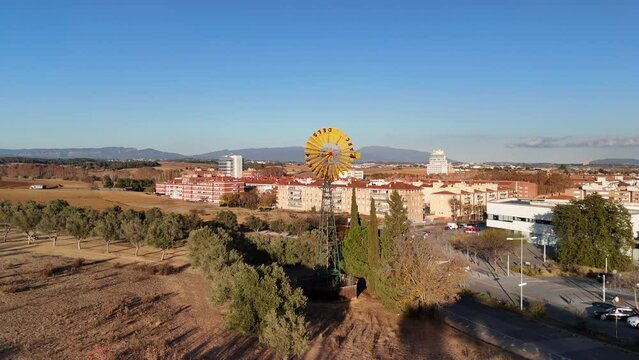 Windmill for water extraction, drone video takes, 4k 60fps, Catalonia, Mollet del Vall&egrave;s