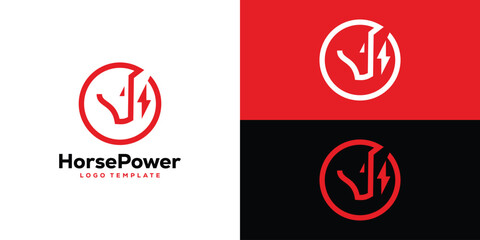 Creative Horse Power Logo. Circular Horse and Lightning Symbol Combination with Minimalist Style. Icon Symbol Logo Design Template.