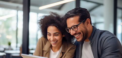 Happy professional business people team from different backgrounds. Woman and man workers working using digital tablet tech to find new job solutions.