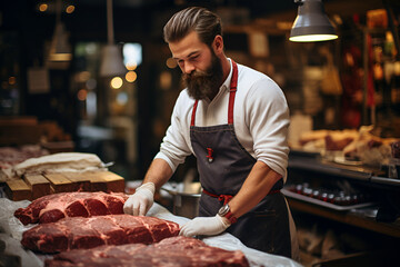 A butcher is preparing meat