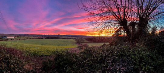 Sunset over the countryside near Malton in North Yorkshire, United Kingdom