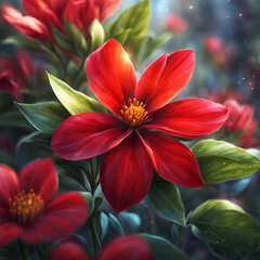 bright, delicate and colorful red flower in close-up, blooming in the garden in spring, illustration, Macro photo