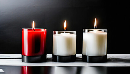 Fototapeta na wymiar red and white Burning candle decoration with bokeh light