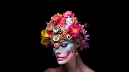 Creepy statue of woman's skull-head with flowers on black background