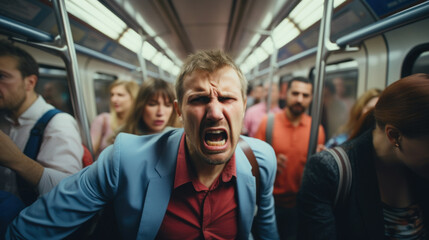 Middle aged man having psychotic outbreak in subway - obrazy, fototapety, plakaty