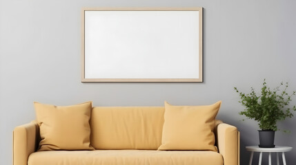 wall mockup photo frame in a minimalist living room interior with a bright background