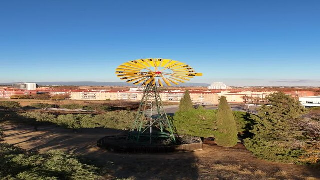 Windmill for water extraction, drone video takes, 4k 60fps, Catalonia, Mollet del Vall&egrave;s