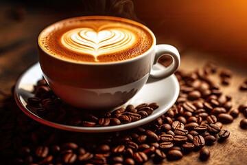 cup of coffee with beans, heart latte art, Valentine's Day concept 