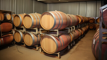 Oak barrels with red wine, ageing on winery