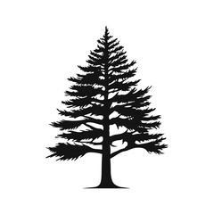A flat black vector silhouette of a pine tree against a white background.