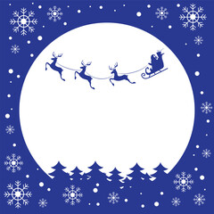 Christmas and new year reindeer with santa claus on a sleign. Moon, snowflakes and christmas trees background. Vector illustration.	