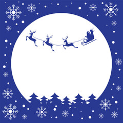 Fototapeta premium Christmas and new year reindeer with santa claus on a sleign. Moon, snowflakes and christmas trees background. Vector illustration. 