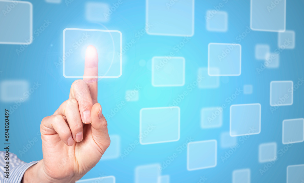 Poster Finger pointing at object in cyberspace. Abstract cyber technology concept