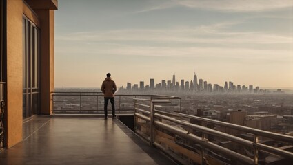 Man standing on the roof of a building and looking at the city
