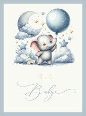 Cute baby shower watercolor invitation card with elephant on cloud. Hello baby calligraphy.