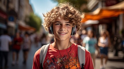 Obraz premium Genuine image of grinning adolescent male with braces listening to music, gazing at lens while surrounded by companions on city street. Optimistic way of life, warm weather idea.