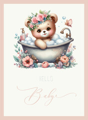 Cute baby shower watercolor invitation card with teddy bear girl in the bath. Hello baby calligraphy.