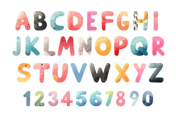 Watercolor alphabet font and number set. Colourful hand drawn cute childish typeface for children book, education, school, scrapbook, poster, birthday card, graphic print, etc. - obrazy, fototapety, plakaty