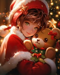 Manga anime girl in Christmas costume, clutching an adorable teddy bear, exudes festive charm and kawaii vibes with joyful expressions and holiday spirit.