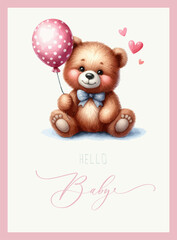 Cute baby shower watercolor invitation card with bear. Hello baby calligraphy.