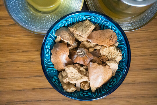Dried peels of Hyphaene thebaica, doum palm And tea from it for health, immunity