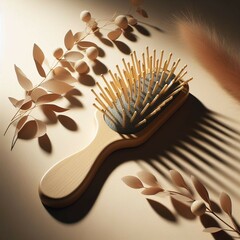 A wooden natural hairbrush with beige decorations isolated on a light background - obrazy, fototapety, plakaty