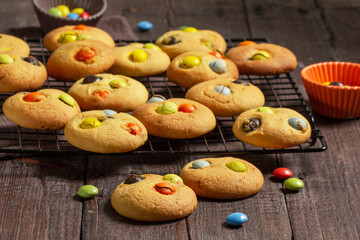 Traditional homemade cookies with chocolate candies in glaze. Shortbread.