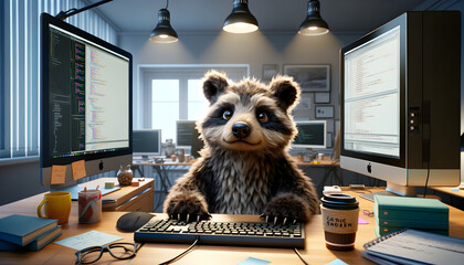 Raccoon at computer with accessories - obrazy, fototapety, plakaty