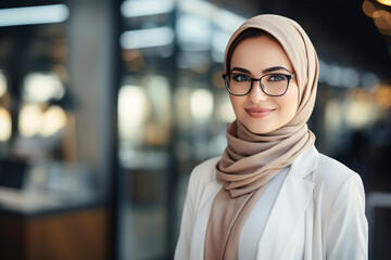 Young Muslim businesswoman happily looking at the camera while wearing hijab and glasses in a modern office.