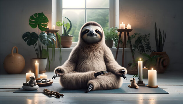 Sloth in yoga pose with plants