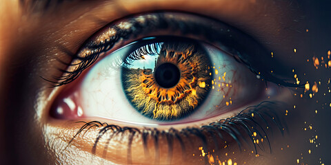 Close up of an eye, bright and colourful 