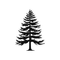 A flat black vector silhouette of a pine tree against a white background.