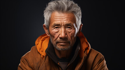 An elderly Asian gentleman is contemplatively glancing at the camera in a studio setting, in close-up.