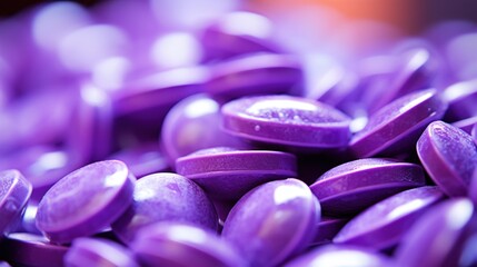 A close up of a pile of purple pills and capsules, AI
