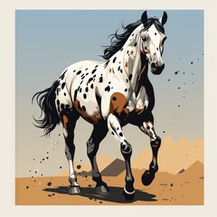 A spotted coated Appaloosa horse in full stance against a neutral background. Muscular build and bright coloring
