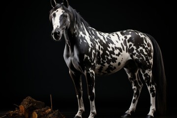 Elegant Appaloosa horse with contrasting spotted coat on a black background. A strong stance and an attentive gaze. Concept: the power of this majestic animal - obrazy, fototapety, plakaty