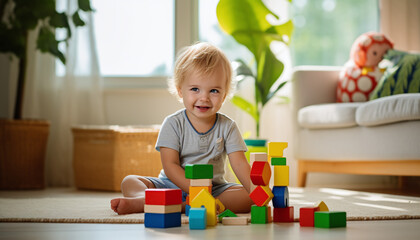 A lifestyle photograph of a young blonde girl toddler playing with colorful wooden block toys