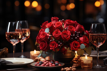 love date valentine elegant venue night with wine and candles at restaurant table