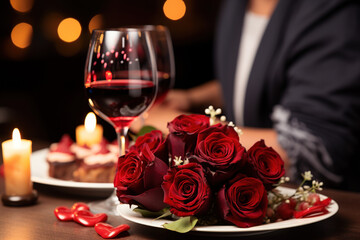 love date valentine elegant venue night with wine and candles at restaurant table