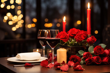 love date valentine elegant venue night with wine and candles at restaurant table