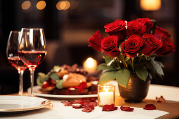 love date valentine elegant venue night with wine and candles at restaurant table